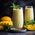 Creamy Mango Lassi in Tall Glass with Fresh Mangoes and Mint Leaves