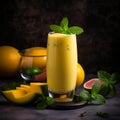 Creamy Mango Lassi in Tall Glass with Fresh Mangoes and Mint Leaves