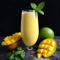 Creamy Mango Lassi in Tall Glass with Fresh Mangoes and Mint Leaves