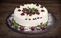 Creamy fruit cake, delicious cake with whipped cream, sour cherry and dark chocolate - Schwarzwald cake