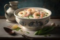 Creamy Garlic Shrimp In Bowl On Wooden Table - Generative AI