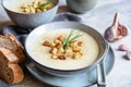 Creamy garlic soup topped with croutons and chives Royalty Free Stock Photo