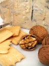 Creamy gorgonzola cheese, nuts, and biscuits Royalty Free Stock Photo