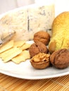 Creamy gorgonzola cheese, nuts, biscuits and pear Royalty Free Stock Photo