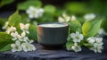 Creamy green elixir in a dark cup, surrounded by spring blossoms Royalty Free Stock Photo