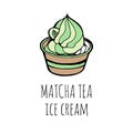 Creamy green matcha ice cream soft serve in glass, hand draw sketch vector.
