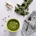 Creamy green spring soup made from young nettle tips and garden vegetables Royalty Free Stock Photo