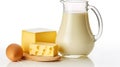 Creamy Harmony: Large Cheese Chunk and Milk Jug on white Background