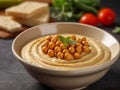 Creamy Hummus Garnished with Chickpeas and Basil Served on a bowl