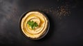 Creamy Hummus Topped With Olive Oil and Parsley on a Dark Surface