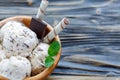 Creamy ice cream with chocolate crumb and wafer rolls. Royalty Free Stock Photo