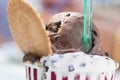 Dark chocolate ice cream and stracciatella cream with chocolate chunks, biscuit, spoon in tub Royalty Free Stock Photo
