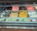 Creamy Italian ice cream in shop window.