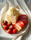 A creamy layered cake with whipped cream and fresh strawberries on a white plate