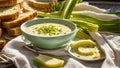 Creamy leek soup in the kitchen meal food dinner bowl green