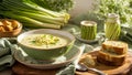 Creamy leek soup in the kitchen meal food dinner bowl organic