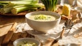 Creamy leek soup in the kitchen meal food dinner bowl nutrition refreshing cuisine