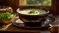 Creamy leek soup in the kitchen meal food dinner bowl vegetarian