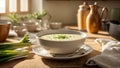 Creamy leek soup in the kitchen meal food dinner bowl vegetarian delicious