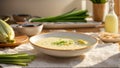 Creamy leek soup in the kitchen meal food dinner bowl vegetarian refreshing cuisine