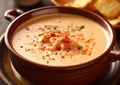 Creamy lobster and shrimps bisque traditional soup.Macro.AI Generative Royalty Free Stock Photo