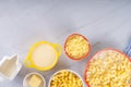 Creamy mac and cheese with ingredients for cooking Royalty Free Stock Photo