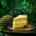 Creamy mango cake with fresh durian fruit on green background