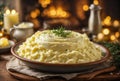 Creamy mashed potatoes whipped with butter, cream, and seasoned with salt and pepper. Christmas food. Festive dish
