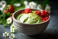 Creamy Matcha Ice Cream with Strawberries and Powdered Sugar