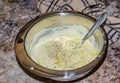 Creamy mayonnaise and mustard dressing as an ingredient for potato or macaroni salad Royalty Free Stock Photo