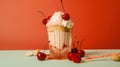 Creamy milkshake with whipped cream and cherries in a glass on a colored background