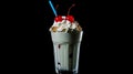creamy milkshake with whipped cream, cherries, and syrup, a classic fast food dessert.isolated on black