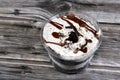 Creamy mousse with chocolate sauce, with fudge cake and brown biscuit, a mousse is a soft prepared food that incorporates air