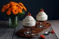Creamy mousse showcased on kitchen table, a sweet delight