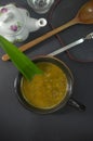 Creamy mung bean paste on black table background