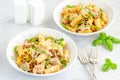 Creamy Mushroom and Chicken Pasta Garnished with Fresh Basil Leaves Royalty Free Stock Photo