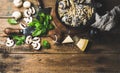 Creamy mushroom pasta spaghetti in cast iron pan with basil Royalty Free Stock Photo