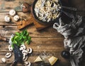 Creamy mushroom pasta spaghetti in cast iron pan, copy space Royalty Free Stock Photo