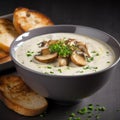 Creamy mushroom soup in a bowl with toasted baguette