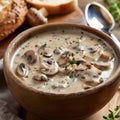 Creamy mushroom soup in a rustic bowl, garnished with herbs, served with bread on a wooden table, evoking warmth and Royalty Free Stock Photo