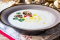 Creamy Mushroom Soup on rustic wooden table Royalty Free Stock Photo