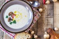 Creamy Mushroom Soup on rustic wooden table Royalty Free Stock Photo