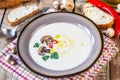 Creamy Mushroom Soup on rustic wooden table Royalty Free Stock Photo