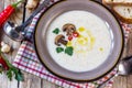 Creamy Mushroom Soup on rustic wooden table Royalty Free Stock Photo