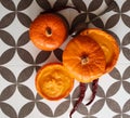 Creamy pumpkin soup and homemade bread on grey tiled table. Soup in a squash top view photo. Thanksgiving menu ideas.ÃÂ ÃÂ  Royalty Free Stock Photo