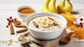 Creamy Oatmeal with Sliced Banana and Honey, Topped with Yogurt in a White Bowl, Presented on a Rustic Wooden Surface