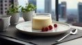 Creamy panna cotta on a sleek modern kitchen countertop.