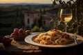 Creamy Pasta Carbonara: Authentic Flavors on Rustic Cobblestone, Hint of Italian Vineyards