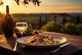 Creamy Pasta Carbonara: Authentic Flavors on Rustic Cobblestone, Hint of Italian Vineyards