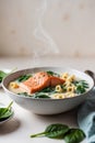 Creamy Pasta Soup with Salmon and Spinach. Royalty Free Stock Photo
